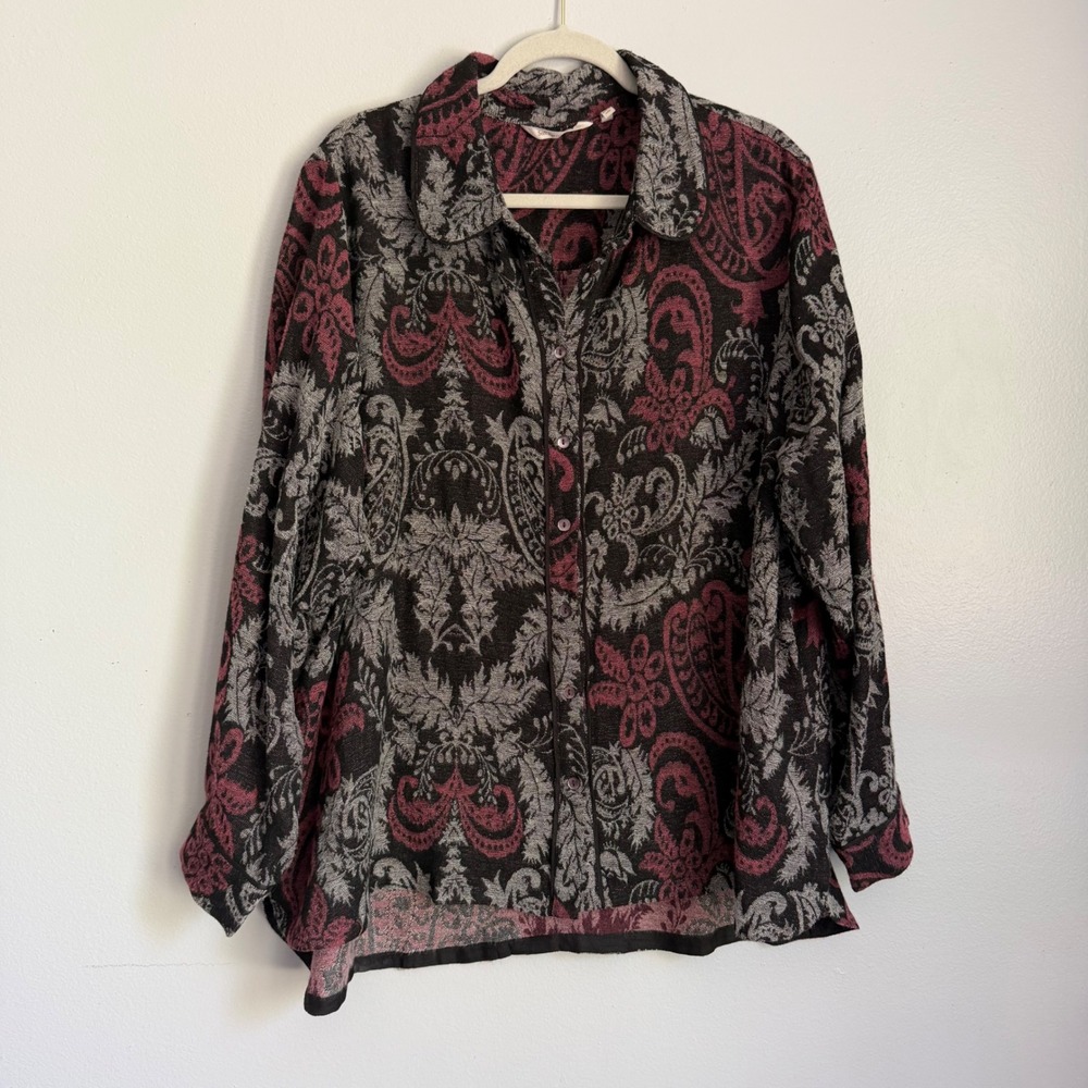 Soft Surroundings Paisley Tapestry Button‎ Front Shirt Burgundy Grey 2X 5EU13
